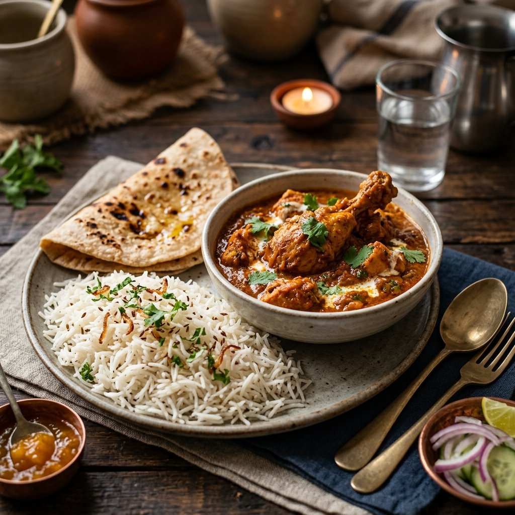 Dehati slow-cooked spicy chicken curry thali prepared using authentic Ranchi spices